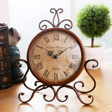 Etereauty European Style Retro Antique Vintage Wrought Iron Craft Table Clock for Home Desk Cabinet Decoration (Brown)