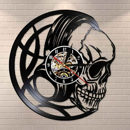 Evil Skull Headphones Vinyl Record Wall Clock Black Skull Head Clock Watch Vanitas Dark Art Decor Quartz Wall Clock Gift for Men