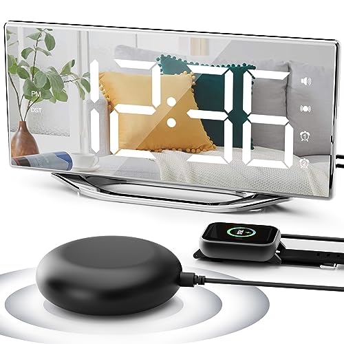 Extra Loud Vibrating Alarm Clock with Bed Shaker for Deep Sleepers Adult Hearing impaired Deaf, Dual Alarms Digital Clock for Bedroom,8.7'' Large Mirror LED Display,USB Charger,Battery Backup,Dimmable