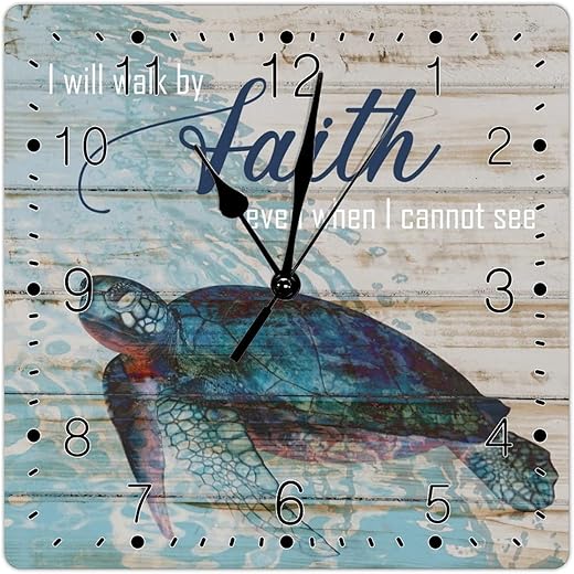 Farmhouse Wall Decor Beach Decor Clocks Sea Turtle I Will Walk by Faith Wall Clocks Battery Operated Quartz Silent Clock for Wall Sea Turtle Square Clock for Bathroom Bedroom 15inch