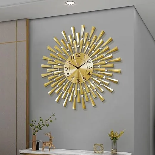 FLEBLE Large Wall Clocks for Living Room Decor Modern Gold Silent Wall Clock Battery Operated Non-Ticking for Bedroom Kitchen Office Home Decorative 24Inch Retro Crystal Clock Wall Decor for House