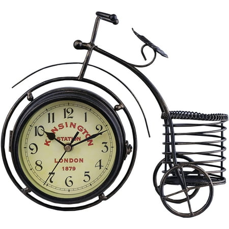 Generic Vintage Metal Rustic Bicycle Clock Bike Shaped Double Side Table Decorative Clock for Home Decor with Basket