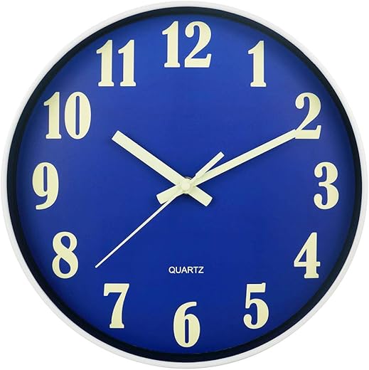 Glow in The Dark Clock, 12 Inch Modern Silent Non Ticking Wall Clocks Battery Operated, Night Light Wall Clock for Living Room Decor, Wall Clock Decorative for Kitchen Bedroom (Blue)