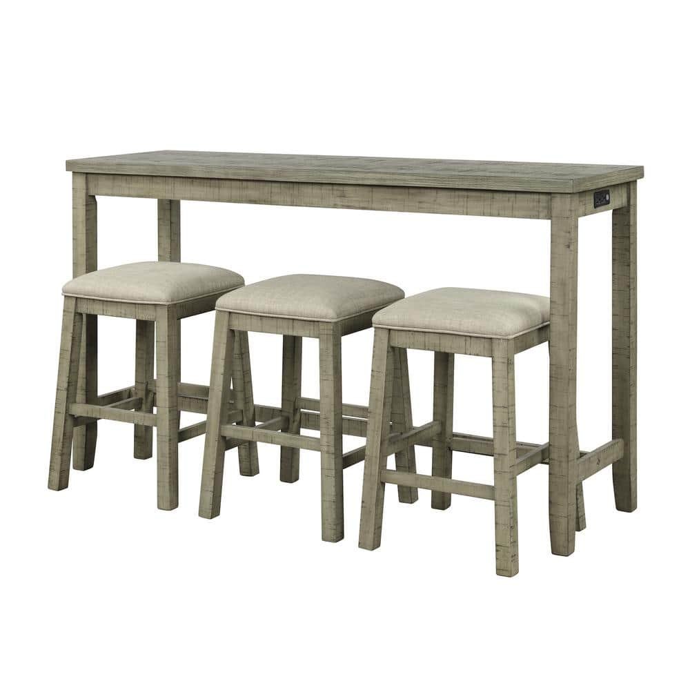 Green 4-Piece Wood Outdoor Dining Set with Beige Cushions