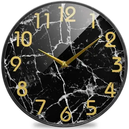 GZHJMY 3D Stylish Black Marble Stone Print Round Wall Clock, 9.5 Inch Silent Battery Operated Quartz Analog Quiet Desk Clock for Home,Office,School