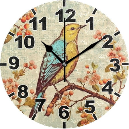 GZHJMY Vintage Bird Round Wall Clock, Battery Operated Silent Non Ticking Desk Clock for Home Bedroom Kitchen Office School Decor Wall Clock 9.9 Inch