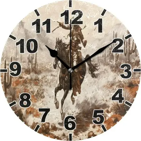 GZHJMY Western Desert Cowboy Round Wall Clock, Battery Operated Silent Non Ticking Desk Clock for Home Bedroom Kitchen Office School Decor Wall Clock 9.9 Inch