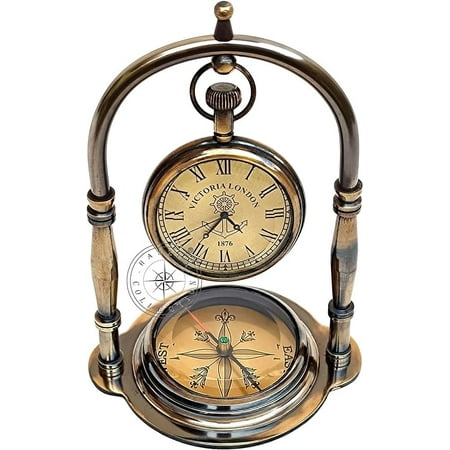 Hanzla Collection Nautical Clock Ship Table Clock Brass Desk Clock Maritime Brass Compass with Antique Victoria London Pocket Watch