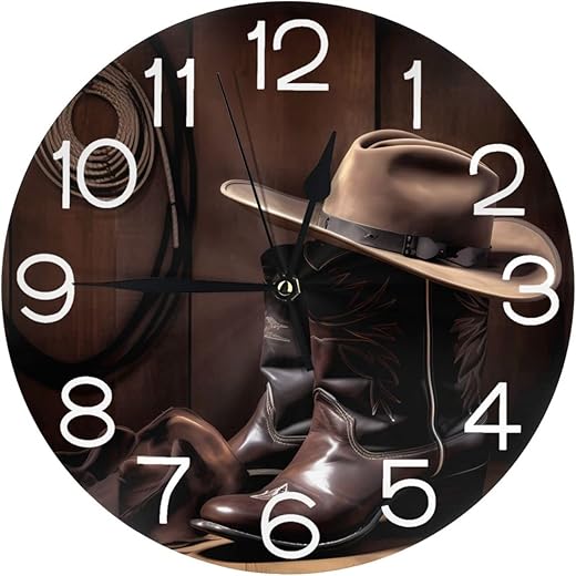 Home Decor Vintage American Western Cowboy Hat and Boot Round Wall Clock Acrylic Silent Non Ticking Decorative Clocks for Living Room Kitchen