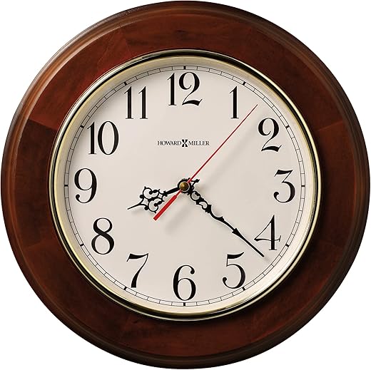 Howard Miller Brentwood Wall Clock 620-168 ? 11.5-Inch Windsor Cherry Finish, Round Brass-Finished Bezel, Natural Home Decor, Off-White Dial, Quartz Movement Timepiece