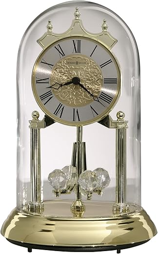 Howard Miller Christina Gold Anniversary Table Clock 645-690 - Polished Brass Finish, 9 Inch Dome, Pendulum Includes 4 Revolving Crystals, Quartz Movement