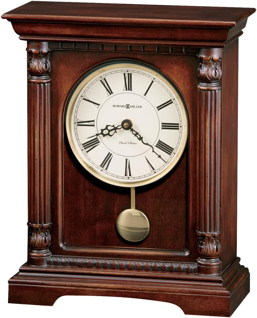 Howard Miller Langeland Mantel Clock 635-133 – Hampton Cherry Finish, Vintage Home Decor, Brass Finished Pendulum, Quartz, Dual-Chime Movement, Volume Control