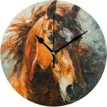 Hyjoy Oil on Canvas Horse Wall Clock, Round Silent Wall Clock, 9.84 inches, Home Decor, for Living Room, Kitchen, Bedroom