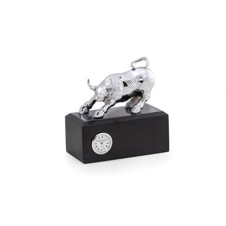 International Chrome Bull on Black Marble Base Quartz Clock - Black & Silver