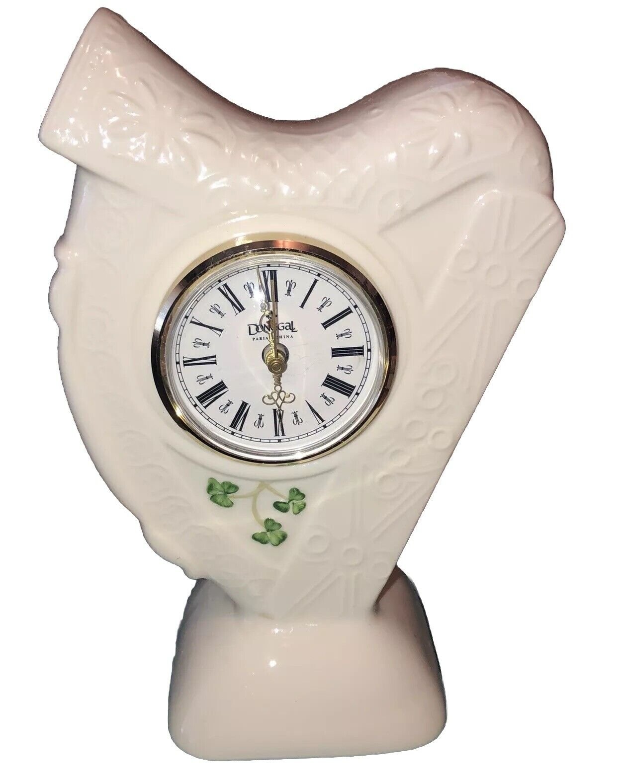 Irish Donegal Belleek Style Clock Harp Shape Porcelain Mantel Table Clock Nice