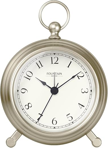 Jensen Pocket Watch Alarm Clock - Silent Non Ticking, Modern Farmhouse Style, Wall & Mantel 2 in 1 Clock, Desk & Shelf Clock, Morning Silver Color Finish, 5.4"(H) x 4.5"(W)