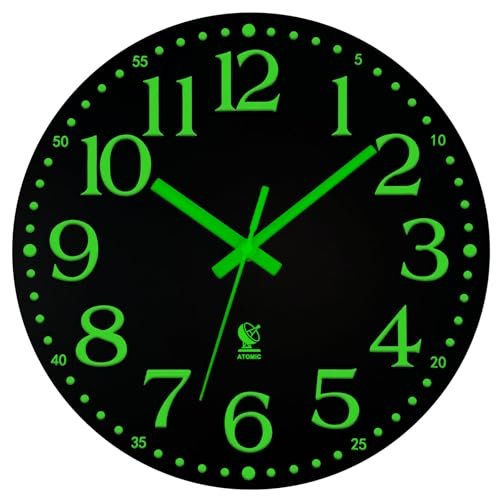 JoFomp Atomic Wall Clock Glow in Dark, 12 Inch Silent Wooden Wall Clocks Battery Operated, Atomic Clock Wall Radio Controlled Sets Automatically, Glow in The Dark Wall Clocks for Living Room Decor