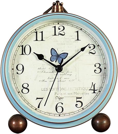 JUSTUP Table Clock, Vintage Non-Ticking Table Desk Alarm Clock Battery Operated with Quartz Movement HD Glass for Bedroom Living Room Office Desk(Butterfly)