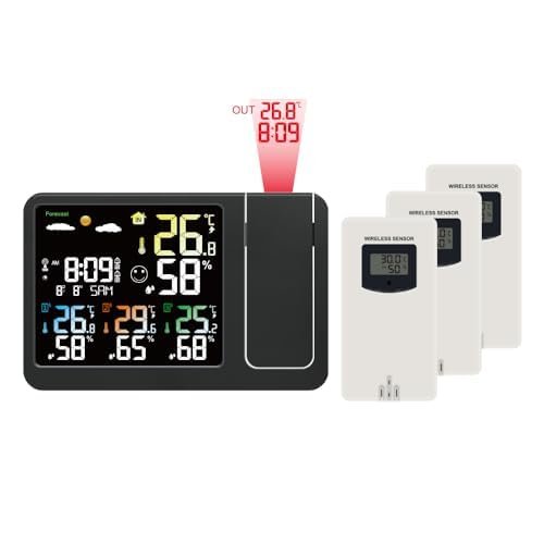 KETOTEK Digital Projection Alarm Clock for Bedroom Ceiling Wall LA LCD Display Radio Controlled Weather Station Indoor Outdoor Temperature Humidity Monitor with 3 Remote Sensors