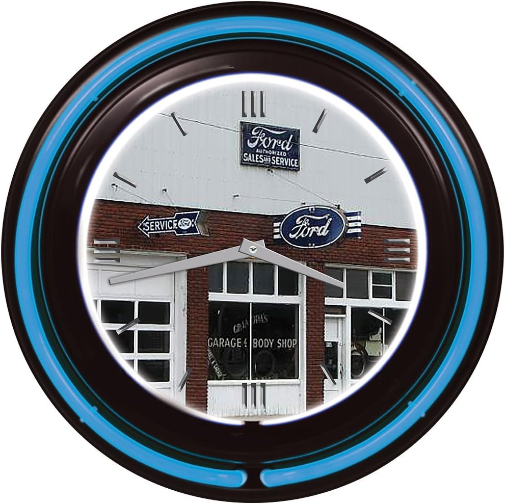 Key Enterprises, Inc. Ford Cool Blue Neon 15 Inch Wall Clock For Home, Garage Workshop Or Man Cave