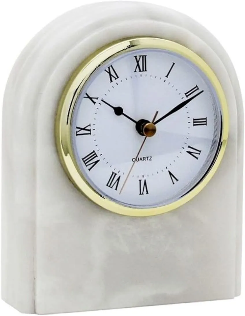 KhanImports Decorative White Marble Clock, Stone Desk or Shelf Clock - 6 Inch