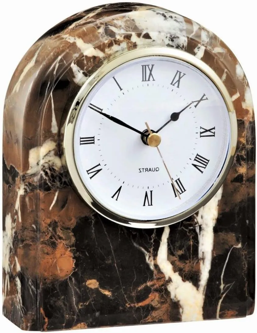 KhanImports Genuine Black and Brown Marble Clock, Decorative Stone Shelf or Desk Clock - 6 Inch