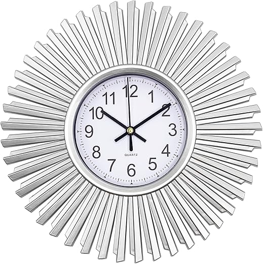 Kitchen Wall Clock, Silver Starburst Wall Clocks Silent Battery Operated, 10 Inch Modern Decorative Wall Clock for Living Room, Bedroom, Kitchen,Bathroom, Office