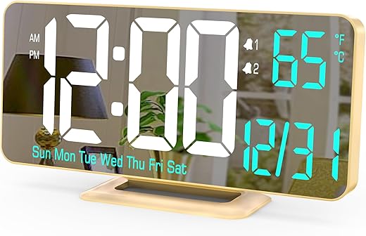 KOSUMOSU Dual Alarm Clock 6.7in Gold Desk Clock with Dimming, 12/24h, Seconds, Date, Day of Week, Temp, Digital LED Clock for Bedroom, Digital Calendar Clocks for Living Room Gold Desk Accessories