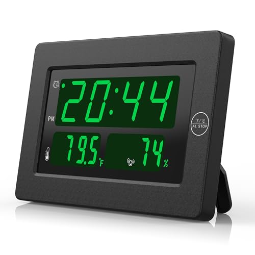 KWANWA LED Digital Clock with Indoor Temperature, Humidity, 12/24Hour, Wall Mount/Foldable Stand, 3 Dimmer, LED Digital Clock, Alarm Clock for Bedroom, Office, Living Room, Elderly