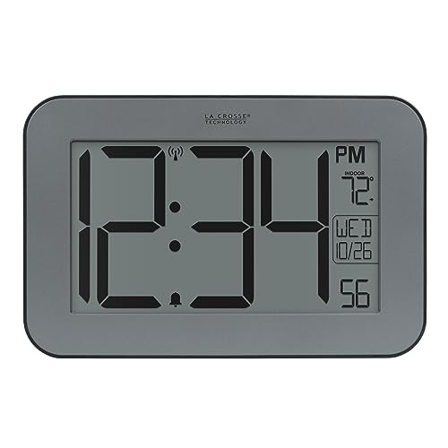 La Crosse Technology 513-02927 Atomic Digital Clock with Indoor Temp and Calendar - 4inch Large Digits - Silver Finish - Wall Mount and Table Top