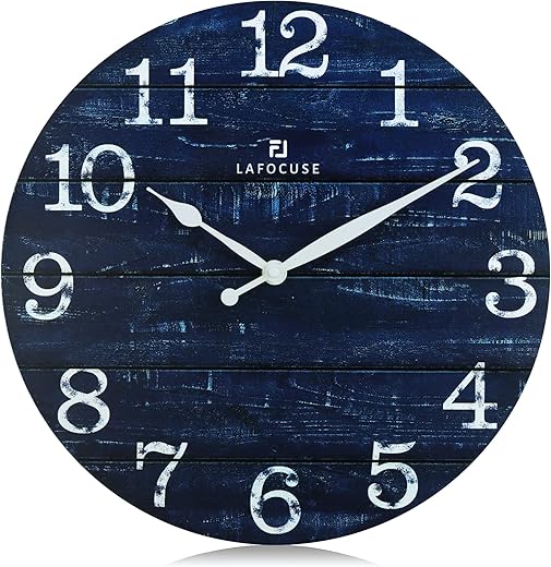 Lafocuse 12 Inch Silent Non Ticking Farmhouse Navy Blue Wall Clock Battery Operated, Vintage Shabby Chic Wooden Wall Clock for Living Room Decor Kitchen Bedroom Office-Version 2.0