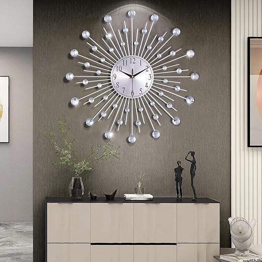 Lafocuse 23 Inch Silent Metal Bling Crystal Sunburst Wall Clock Silver Battery Operated, Large Mordern Art Deco Starburst Mid Century Wall Clock for Living Room Kitchen Office