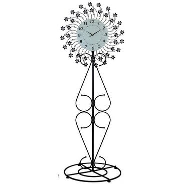 Large Floor Standing Clock Openwork Metal with Flower Floral Detail and Clear Crystals in Black