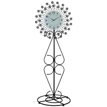 Large Floor Standing Clock Openwork Metal with Flower Floral Detail and Clear Crystals in Black