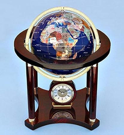 Large Table Top 15 Inch Blue Lapis Lazuli Gemstone Globe with Mahogany Stand and Clock