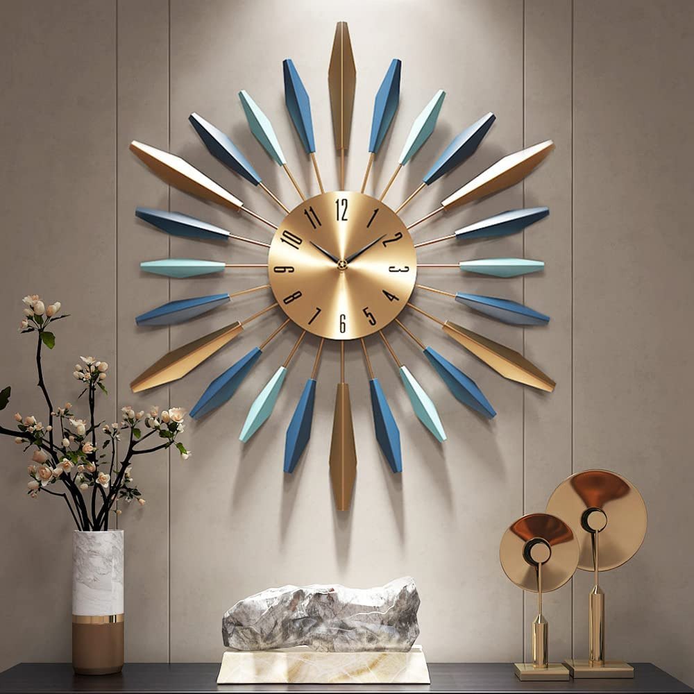 Large Wall Clock Metal Decorative, Mid Century Silent Non-Ticking Big Clocks, Mo