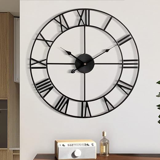 Large Wall Clock, Metal Retro Roman Numeral Clock, Modern Round Silent Wall Clocks, Easy to Read for Living Room/Home/Kitchen/Bedroom/Office/School Decor (Black, 18 Inch)