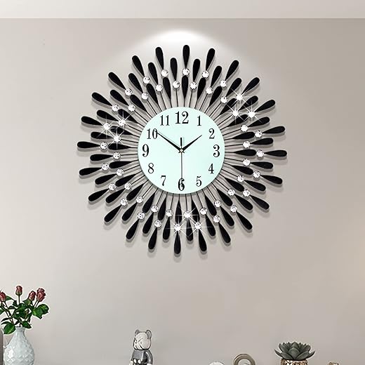 Large Wall Clocks for Living Room Decor Big Modern Silent Wall Clock Non-Ticking for Bedroom Office Kitchen Home Decorative 24 Inch Round Black Clock Crystal Wall Art Decor for Indoor House