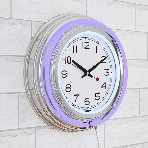 Lavish Home Retro Neon Wall Clock - Battery Operated Wall Clock Vintage Bar Garage Kitchen Game Room – 14 Inch Round Analog (Purple and White)