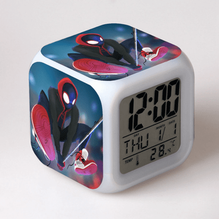 LED Alarm Clock Spider-Man Pattern Creative Desk Table Clock Glowing Electronic Colorful Digital Clock for Unisex Adults Girl Boy Kids Children Toy Birthday Present Gift