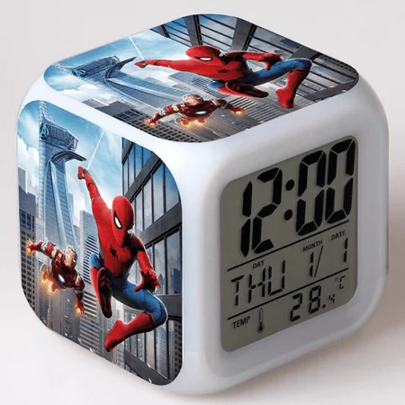 LED Alarm Clock Spiderman Pattern Creative Desk Table Clock Glowing Electronic Colorful Digital Clock for Unisex Adults Girl Boy Kids Children Toy Birthday Present Gift