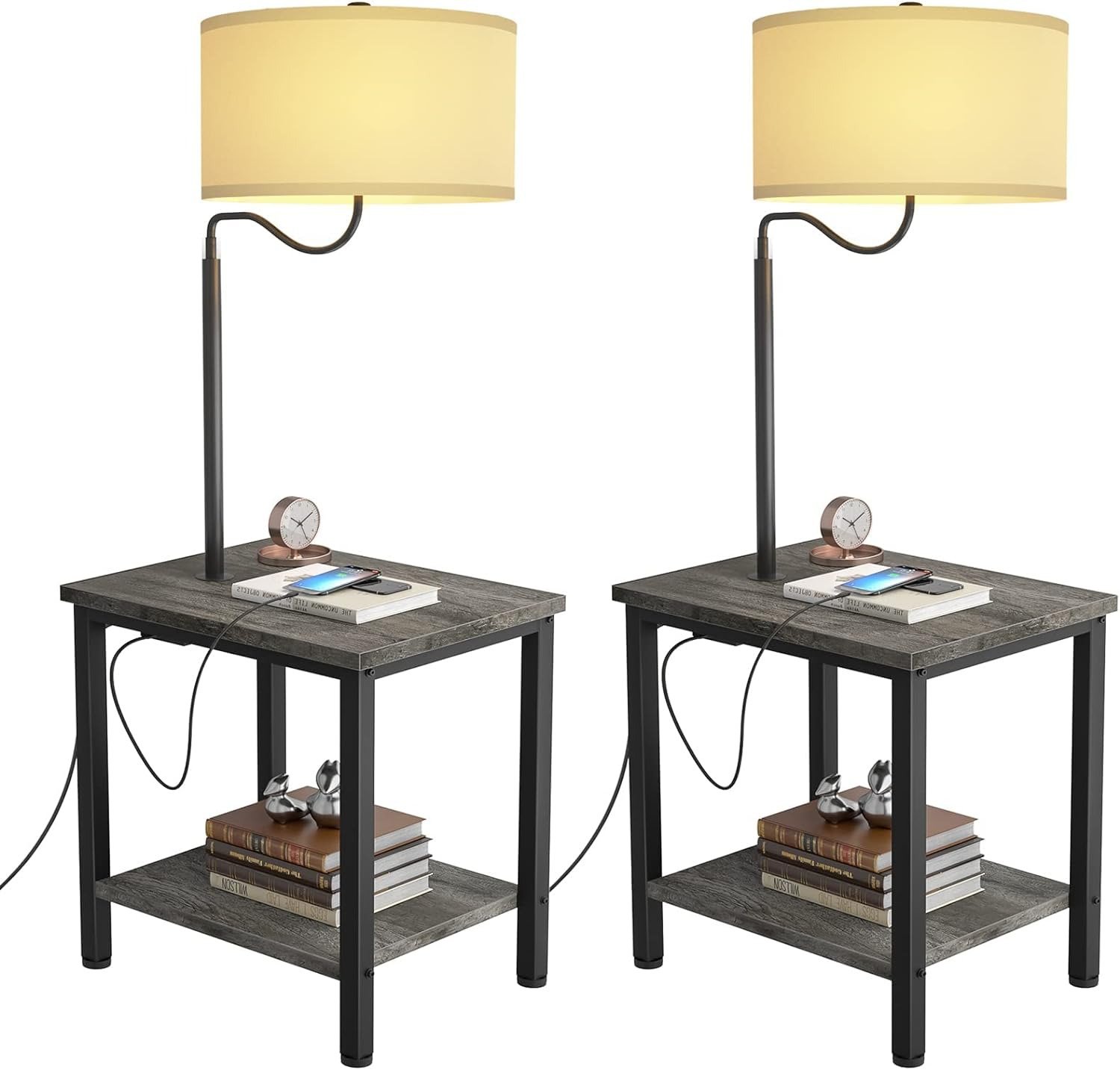 LED Floor Lamp with Table - End Table with USB Charging Port, Power Outlet, Beds