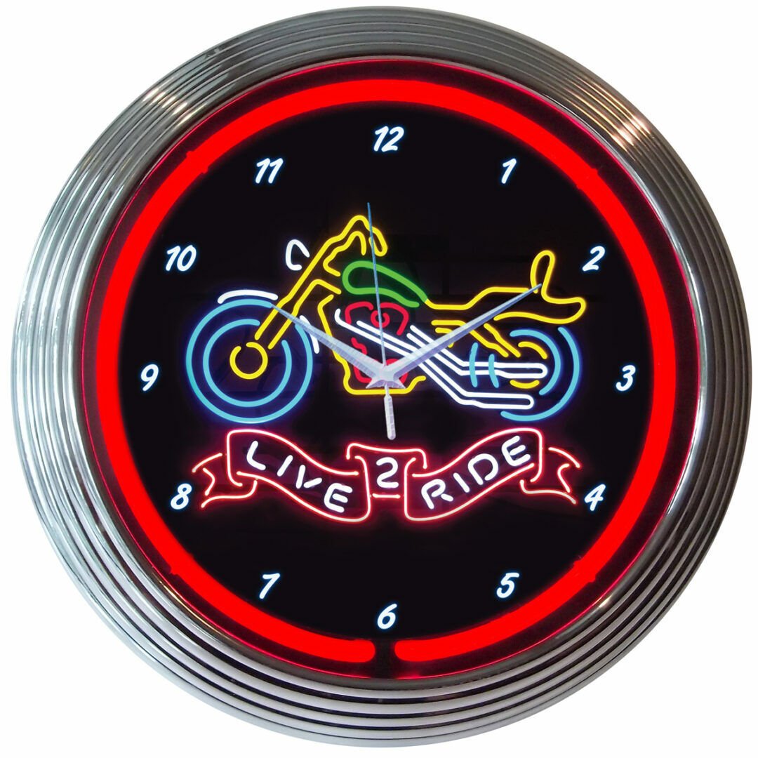 Live 2 Ride Motorcycle Red Neon Hanging Wall Clock 15" Diameter 8LIVE2