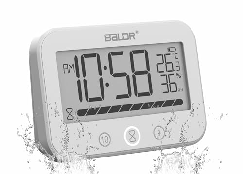 LXSZRPH Digital LCD Waterproof Timer Shower Clock, Waterproof for Water Spray, Bathroom Clock Wall Mount, Two Suction Cup, Displays Time, Temperature, and Indoor Relative Humidity (1, White)