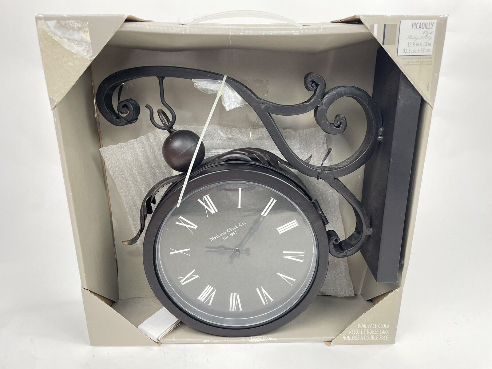 Madison Clock Iron Antique-Look Brown round Wall Hanging Double Sided Two Faces