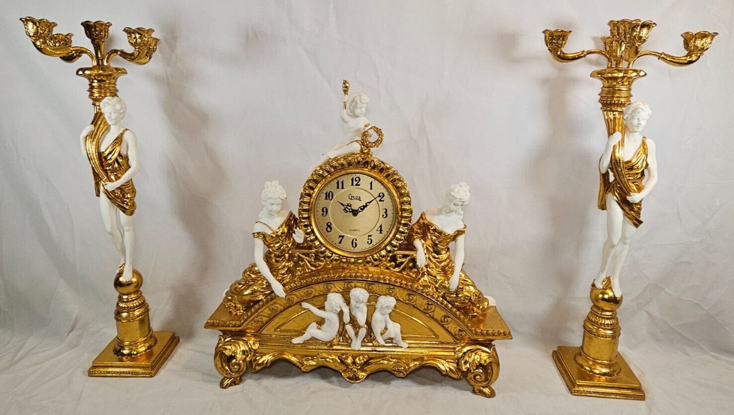 Mantel Clock with Candelabras French Rococo Style Candle Holders Gold & White