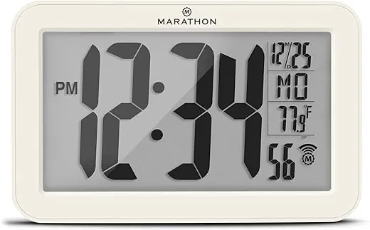 MARATHON Atomic Wall Clock, Canvas White - Large 9-Inch Display - AM/PM or 24-Hour Time, 8 Time Zones, Indoor Temperature, Day & Date - Two AA Batteries Included