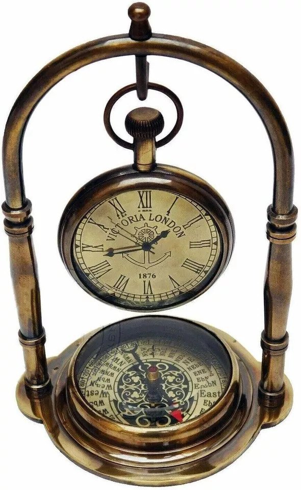 Maritime Brass Antique Desk Clock With Compass Home Decor Nautical Watch