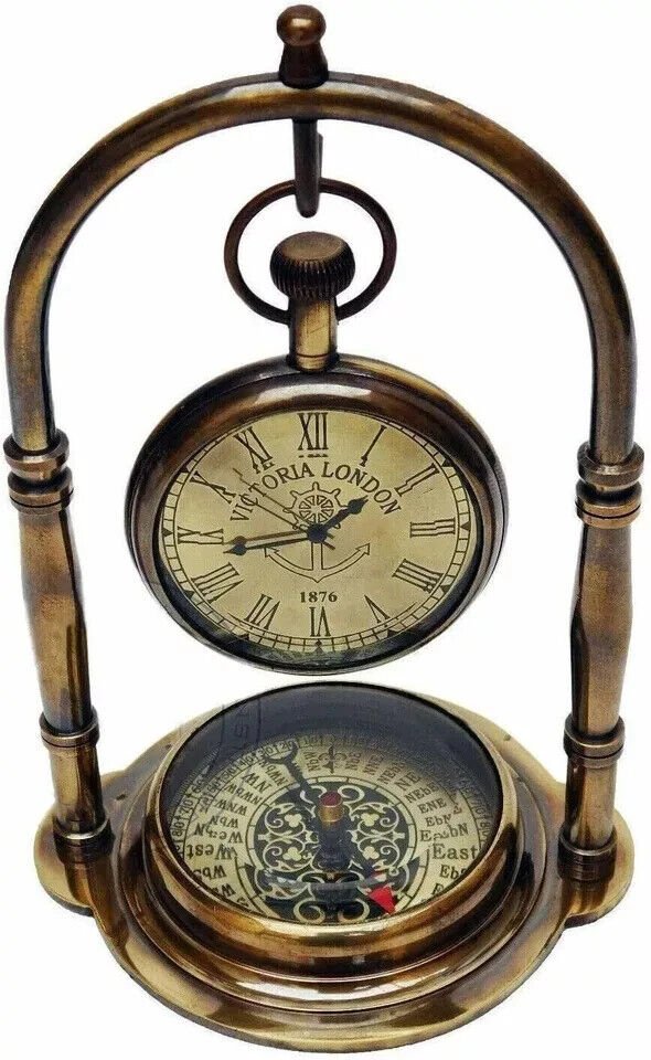 Maritime Brass Antique Desk Clock With Compass Home Decor Nautical Watch