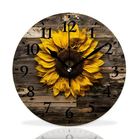 MEOSLZUT 10 inch Round Wall Clock,Yellow Sunflower Brown Burlap Lovely,Silent Non Ticking Wall Clocks for Living Room Kitchen Bedroom